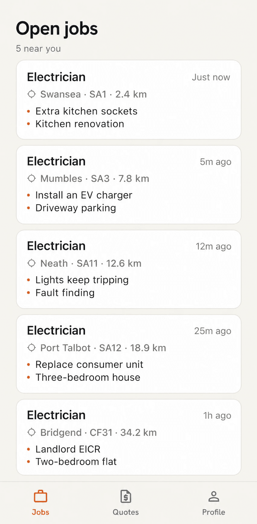 Open jobs, 5 near you: five electrician jobs, each with the area, the postcode district and the distance (Swansea SA1 2.4 km to Bridgend CF31 34.2 km), two lines about the job such as "Install an EV charger" and "Driveway parking", and when it was posted.