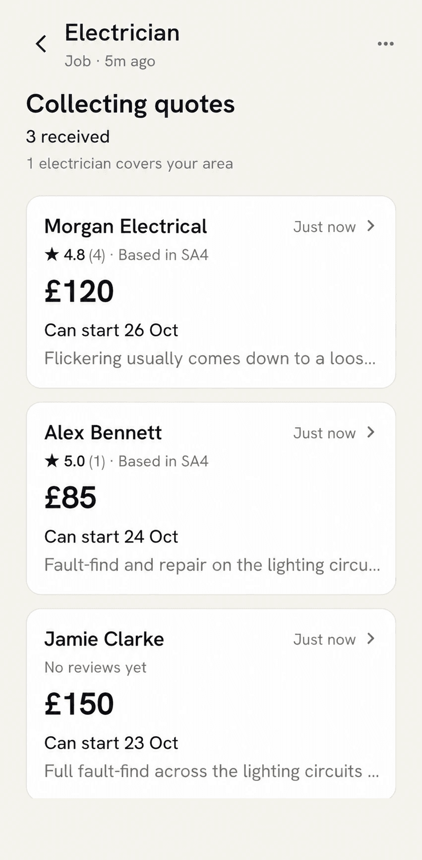 Collecting quotes on an electrician job, 3 received, with 1 electrician covering your area: each quote shows the tradesperson's name, their star rating and number of reviews (or No reviews yet), the price, when they can start and the start of their message, and two of the tradespeople are based in SA4.