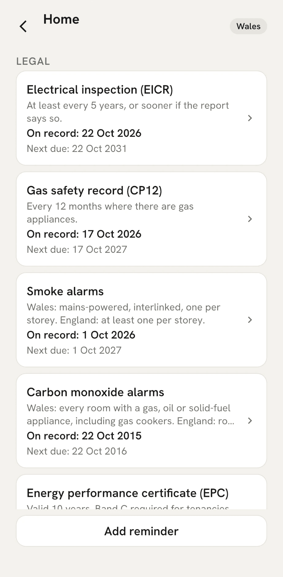 A property called Home, in Wales: under Legal, Electrical inspection (EICR), Gas safety record (CP12), Smoke alarms and Carbon monoxide alarms, each with the date on record and the next due date, and an Add reminder button.